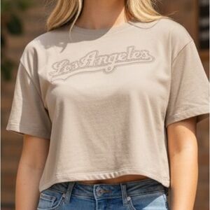 Los Angeles Dodgers Neutral Taupe Pro Standard Cotton Embroidered Crop Tshirt